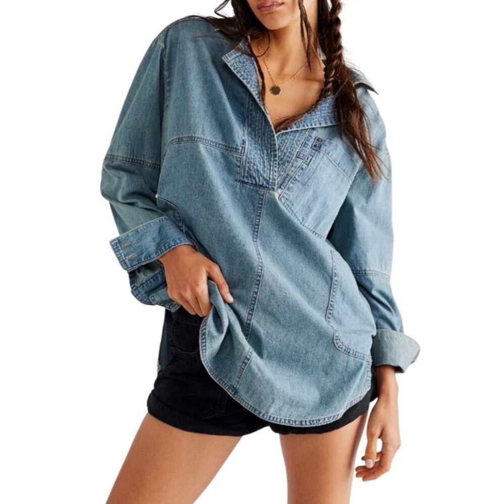 We The Free Washed Blue Denim V-Neck Pullover Tunic
